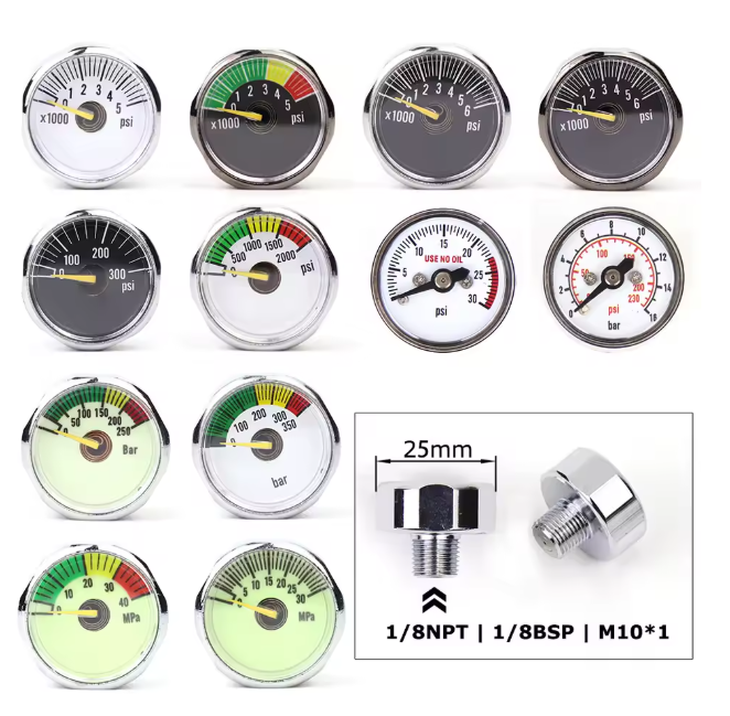 Mini air pressure gauge with 1/8 BSP/NPT, M10, and M8 threads – up to 6000PSI