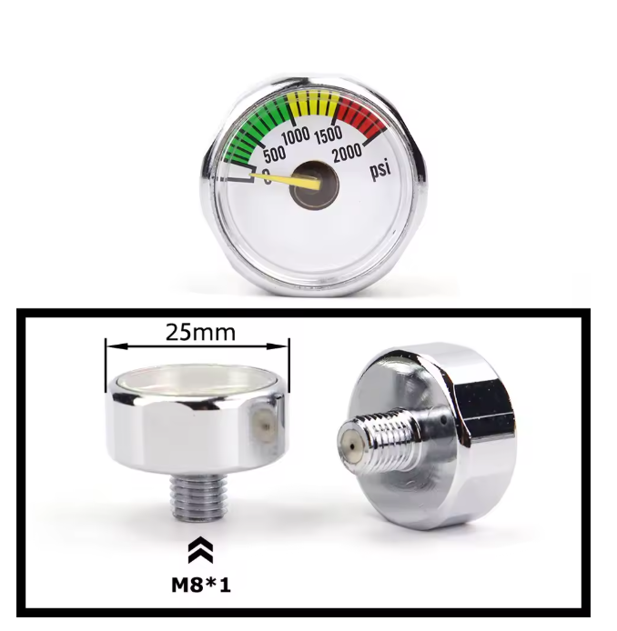 Mini air pressure gauge with 1/8 BSP/NPT, M10, and M8 threads – up to 6000PSI