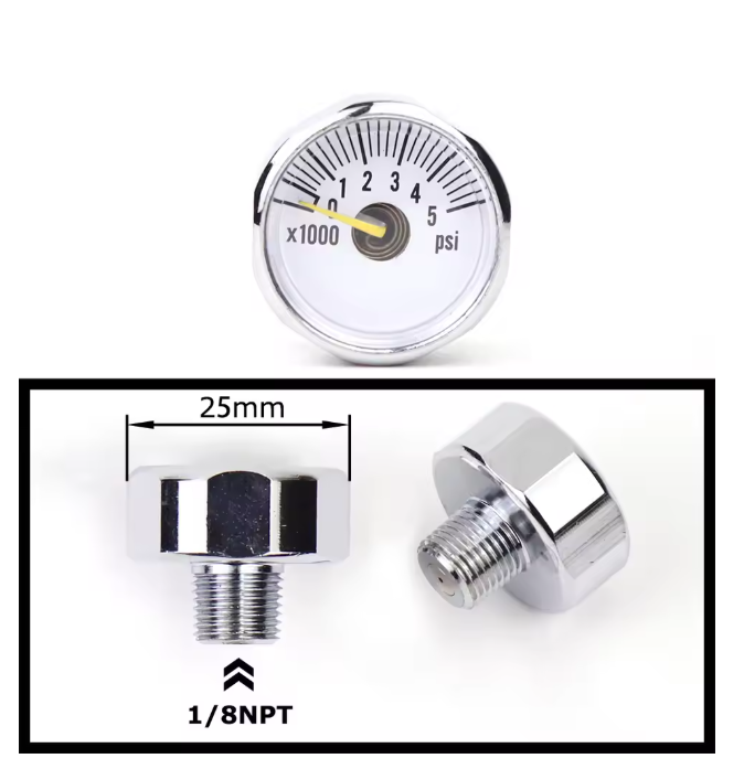Mini air pressure gauge with 1/8 BSP/NPT, M10, and M8 threads – up to 6000PSI