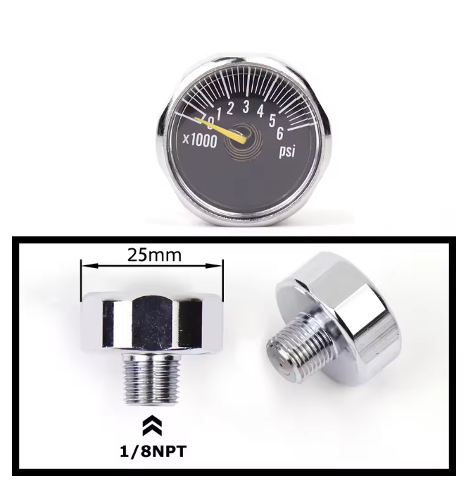 Mini air pressure gauge with 1/8 BSP/NPT, M10, and M8 threads – up to 6000PSI