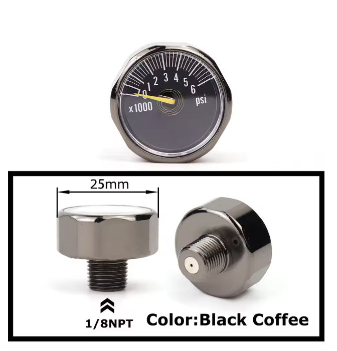 Mini air pressure gauge with 1/8 BSP/NPT, M10, and M8 threads – up to 6000PSI