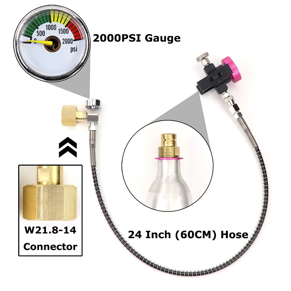 W21.8 CO2 refill adapter with 2000PSI gauge and pink valve