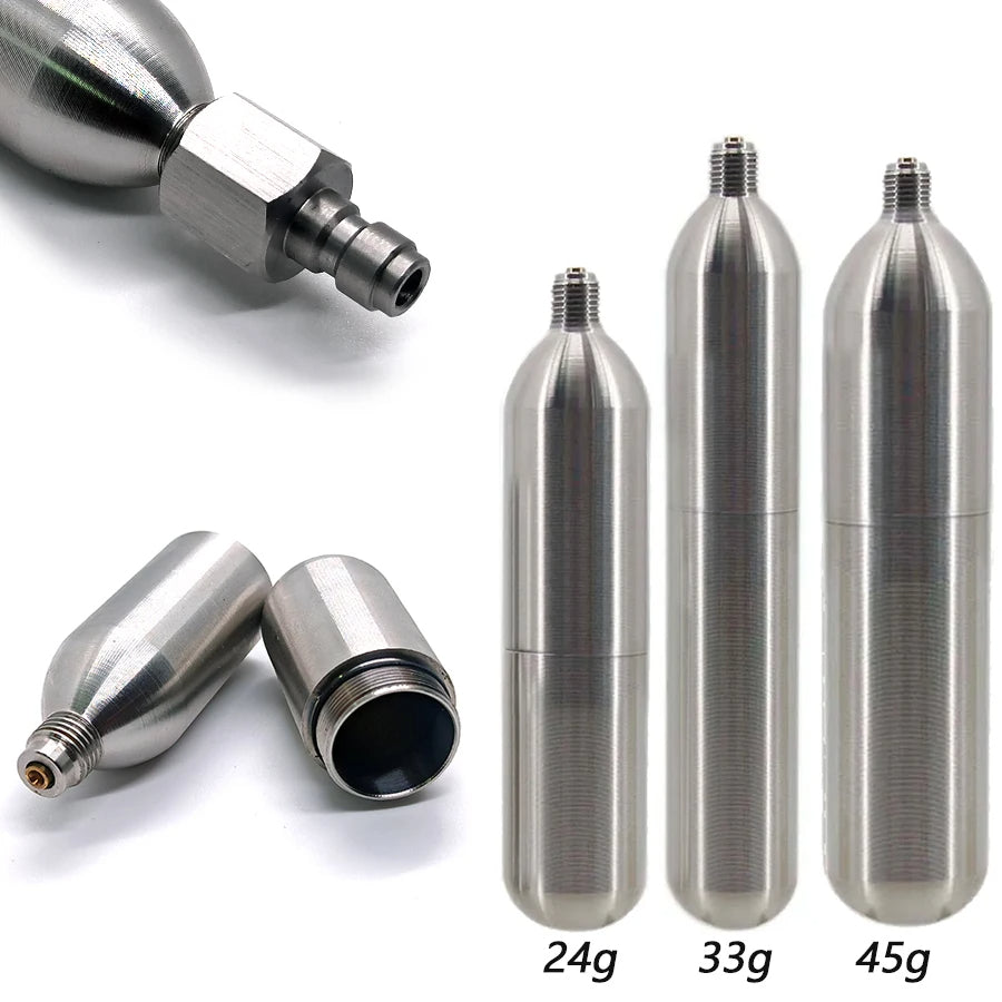 Stainless Steel CO2 Refillable Cartridges – 24g / 33g / 45g – 3/8-24UNF Thread
