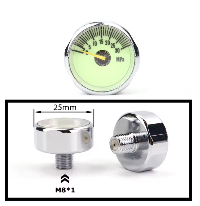Mini air pressure gauge with 1/8 BSP/NPT, M10, and M8 threads – up to 6000PSI