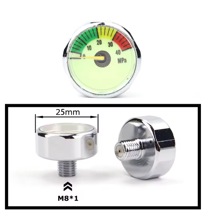 Mini air pressure gauge with 1/8 BSP/NPT, M10, and M8 threads – up to 6000PSI