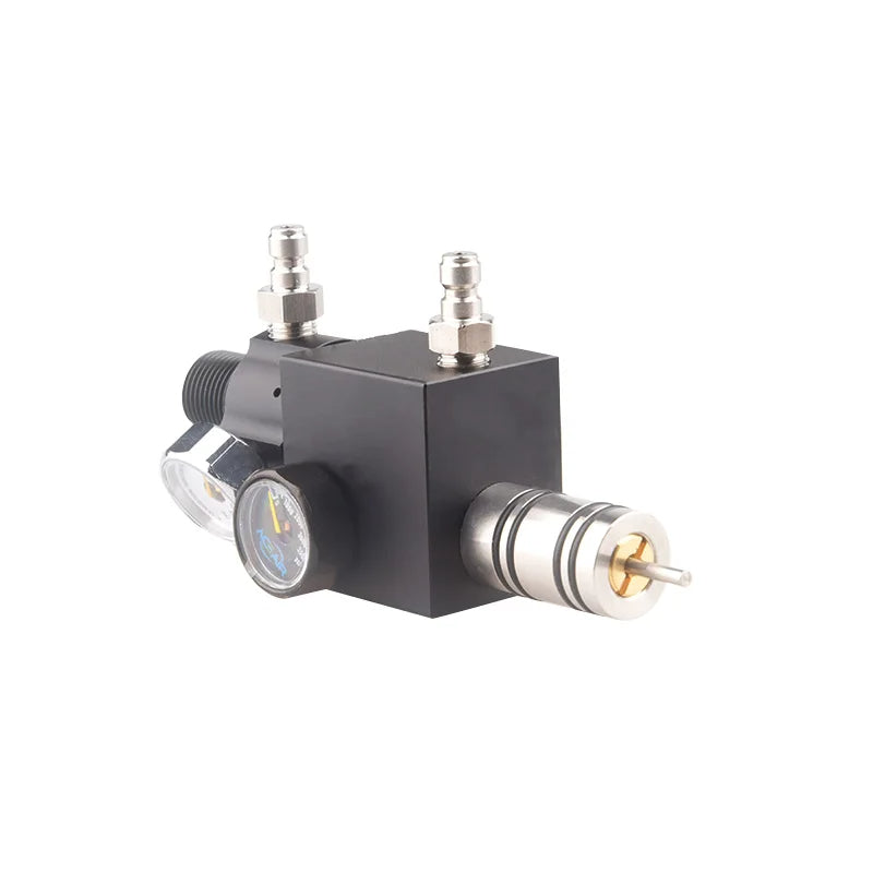 Black mechanical valve with metal components on a white background