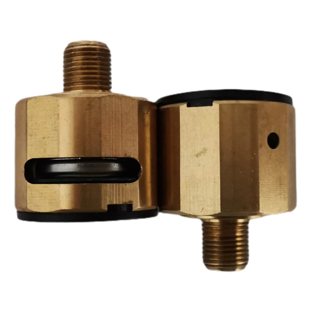 Brass plumbing fitting with black rubber washers on a white background