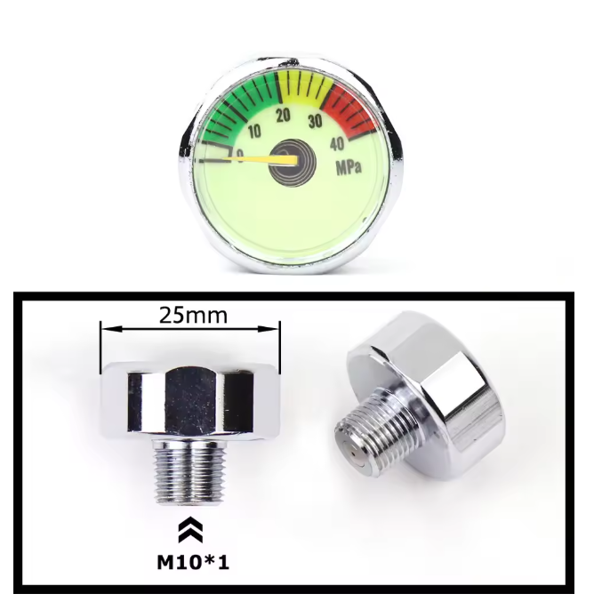 Mini air pressure gauge with 1/8 BSP/NPT, M10, and M8 threads – up to 6000PSI