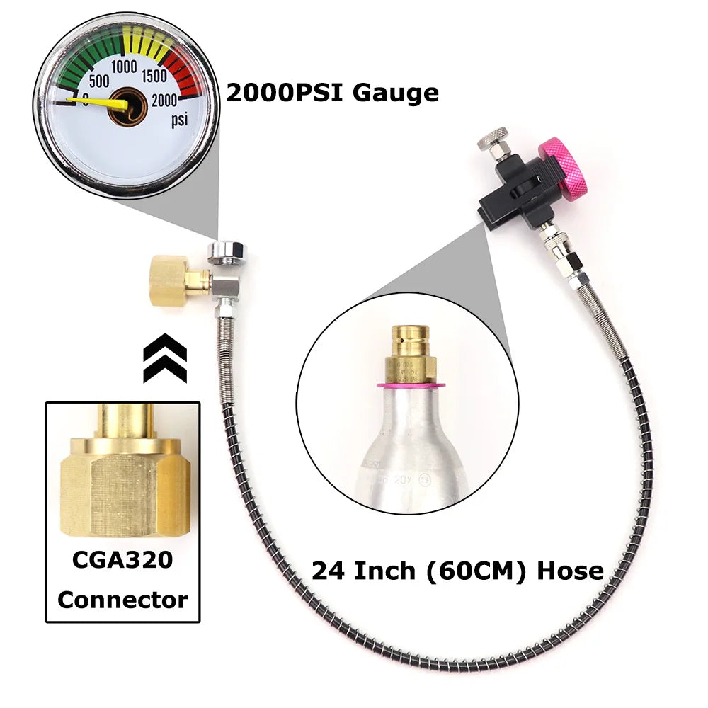 CGA320 CO2 refill adapter with 2000PSI gauge and pink valve