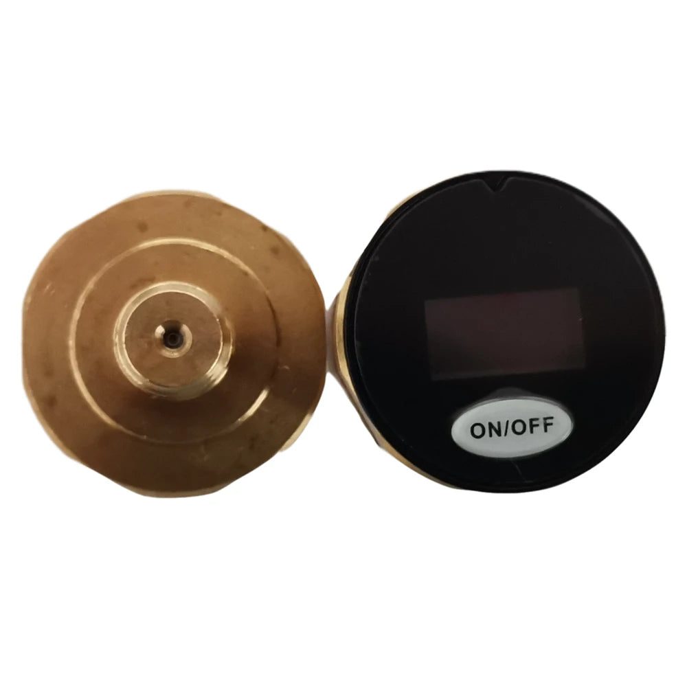 Brass valve with digital display and 'ON/OFF' switch on a white background