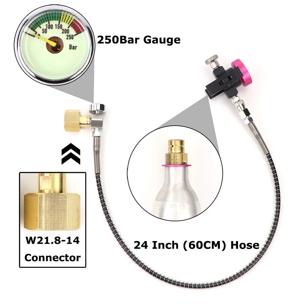 W21.8 CO2 refill adapter with 250Bar gauge and pink valve