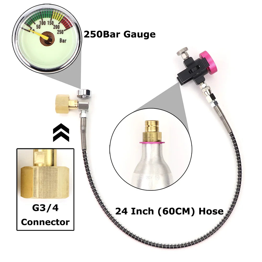 G3/4 CO2 refill adapter with 250Bar gauge and pink valve