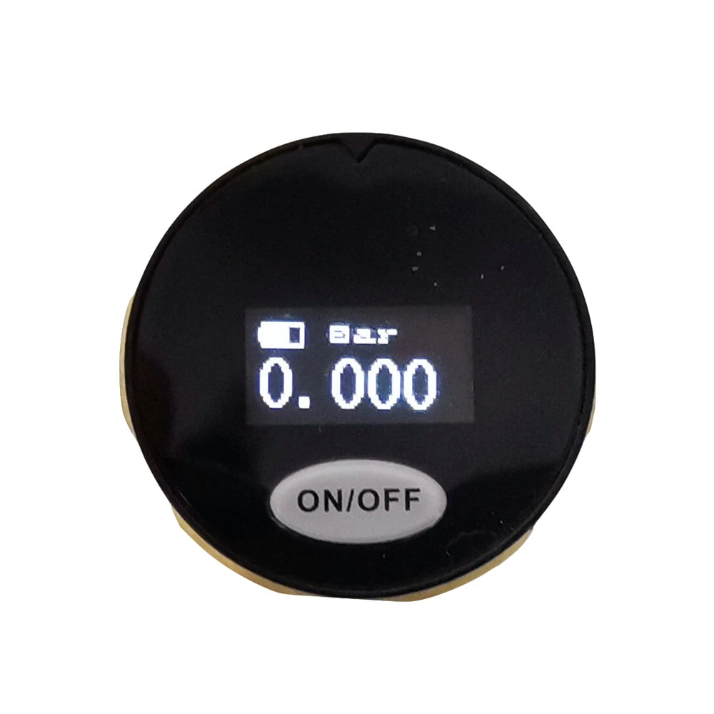 Black digital pressure gauge with a small screen on a white background