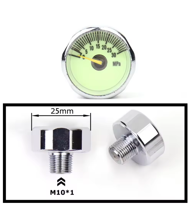 Mini air pressure gauge with 1/8 BSP/NPT, M10, and M8 threads – up to 6000PSI