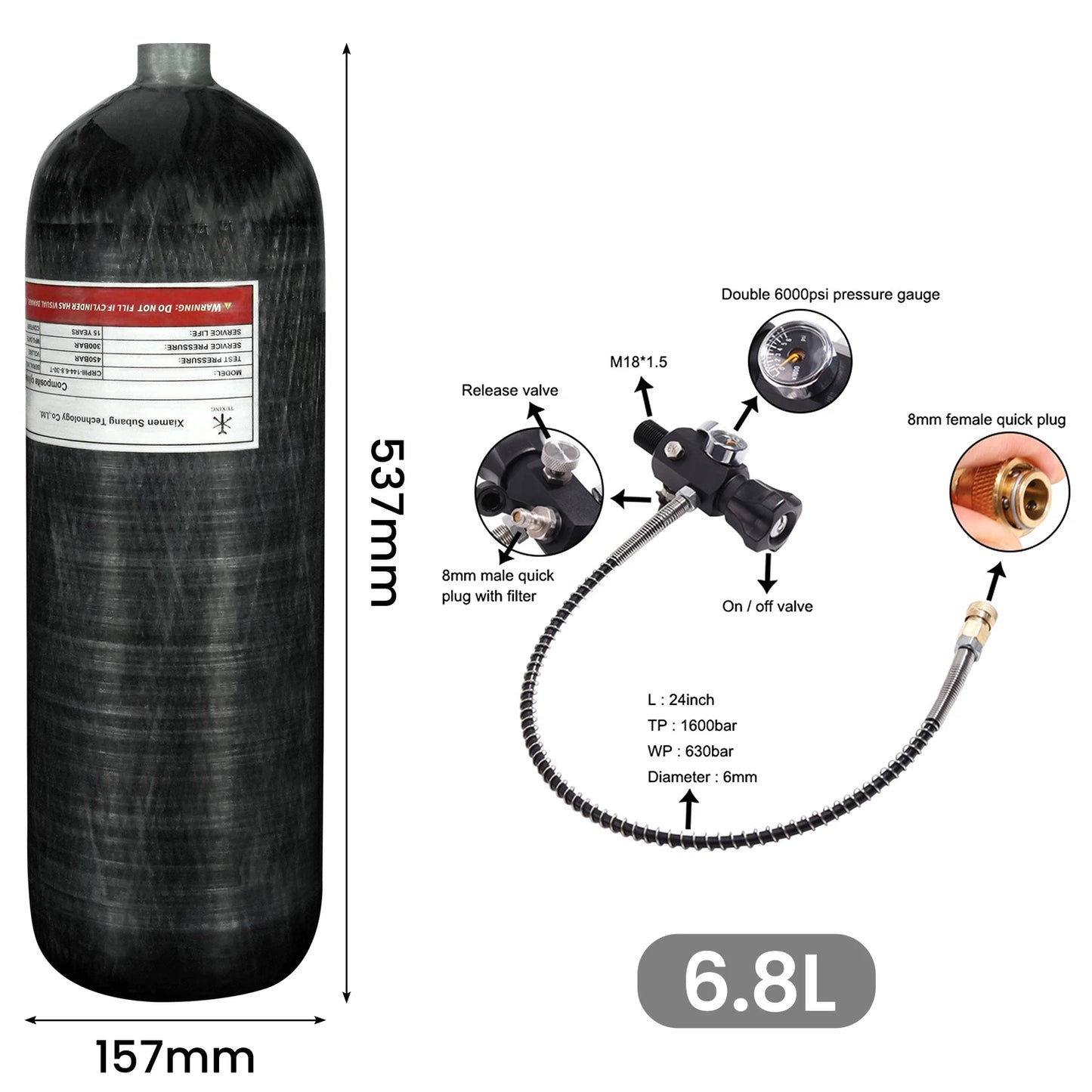TUXING 6.8L Carbon Fiber Tank with 6000PSI Dual Gauge Regulator Valve