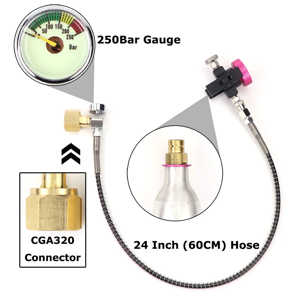 CGA320 CO2 refill adapter with 250Bar gauge and pink valve