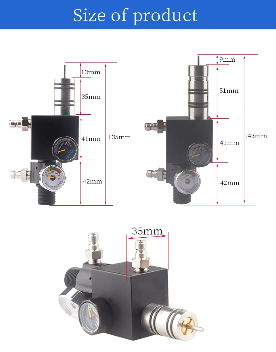 Three black mechanical components with measurements on a white background