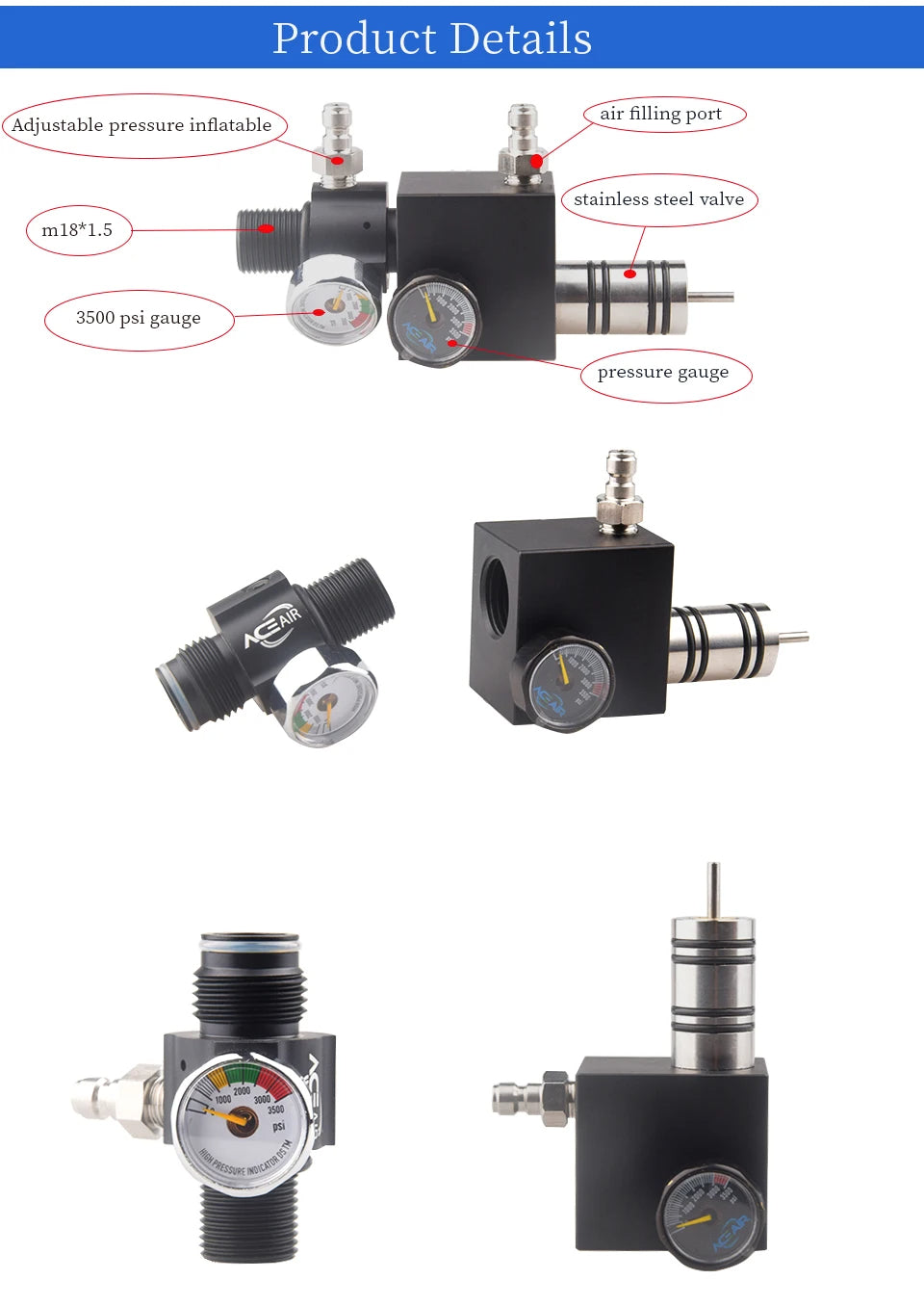 Various pressure regulators with labeled features on a white background