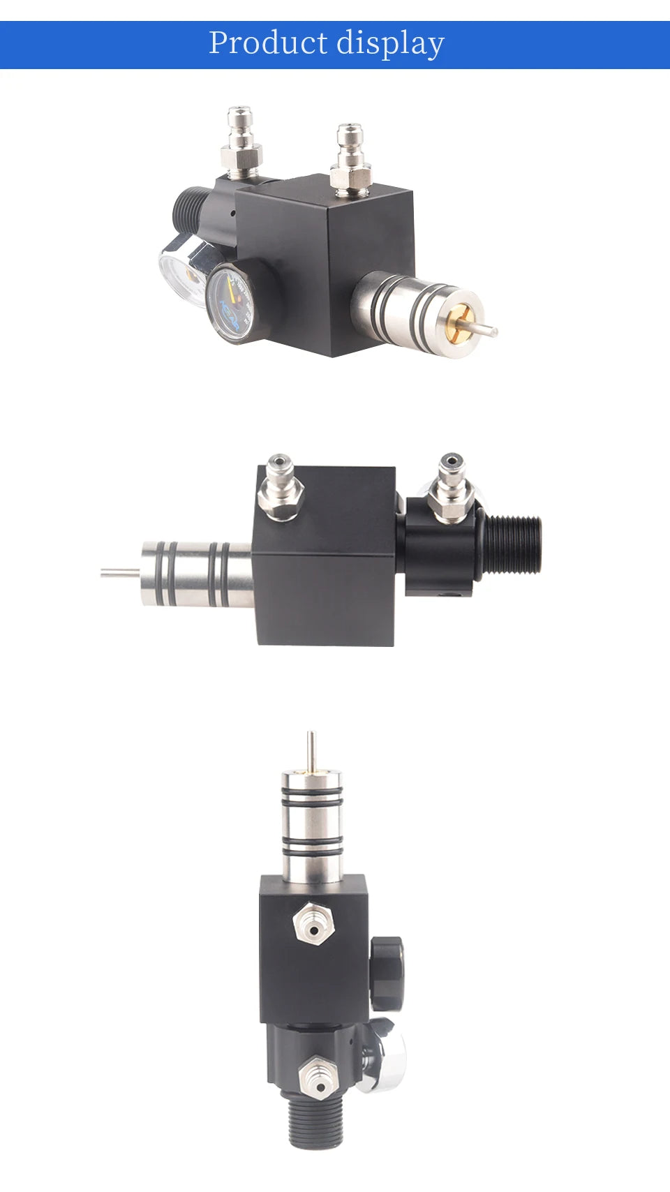 Three mechanical components on a white background with 'Product display' text at the top.