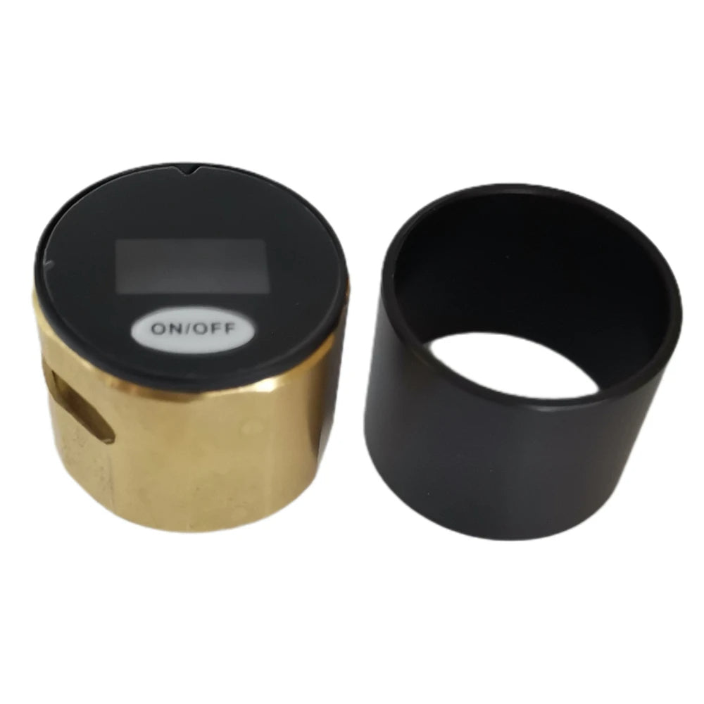Gold and black cylindrical device with 'ON/OFF' label on a white background