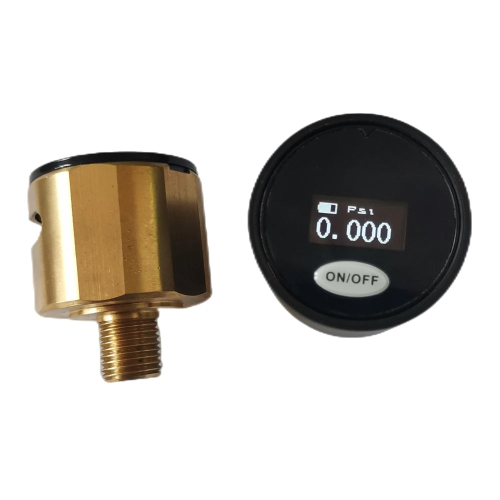Brass pressure gauge and digital display on a white background