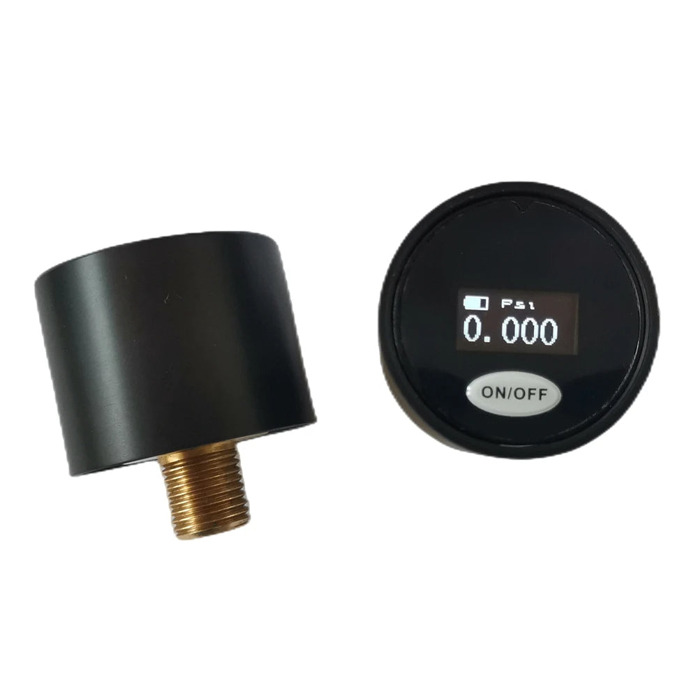 Black cylindrical pressure sensor with digital display on a white background