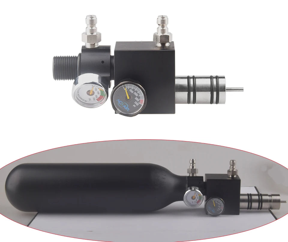 Pressure regulator with gauge and small black tank on a white background