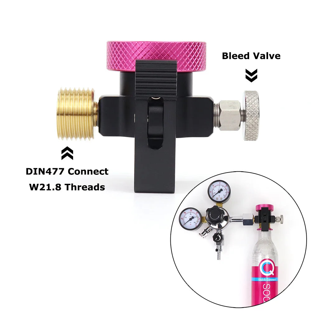 CO2 Refill Head – DIN477 W21.8 Thread – Bleed Valve – Pink Cap