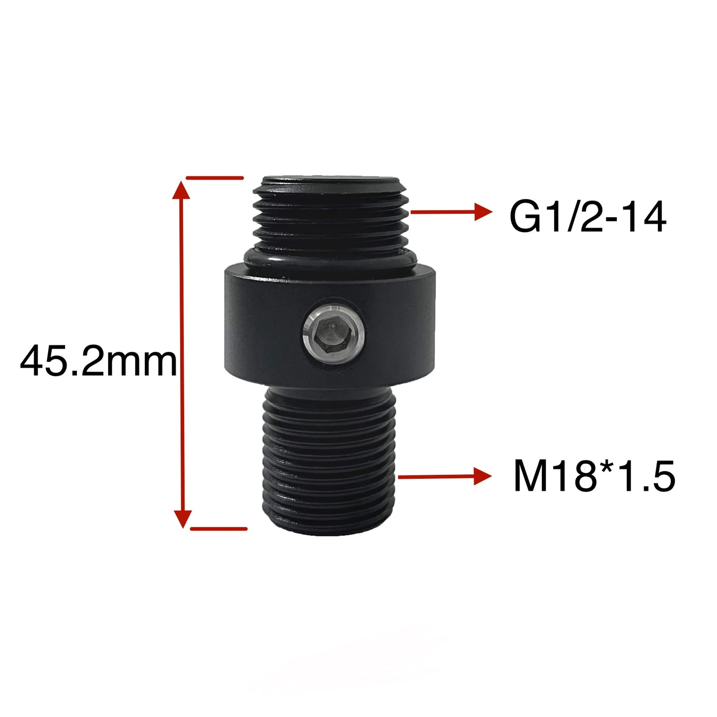 Black threaded metal fitting with measurements on a white background