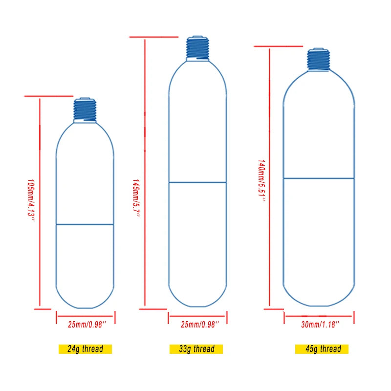 Stainless Steel CO2 Refillable Cartridges – 24g / 33g / 45g – 3/8-24UNF Thread