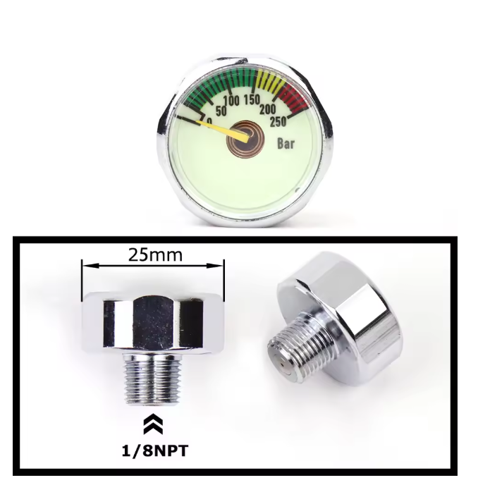 Mini air pressure gauge with 1/8 BSP/NPT, M10, and M8 threads – up to 6000PSI