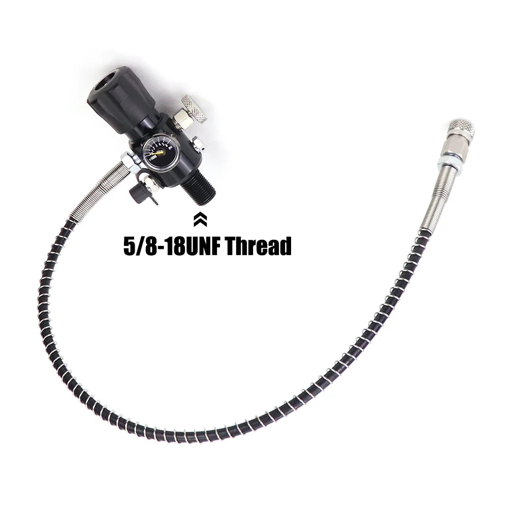 Pneumatic tool with flexible hose and 5/8-18UNF thread marking on a white background