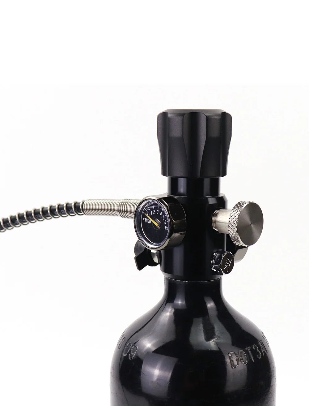Black diving regulator with hose on a white background