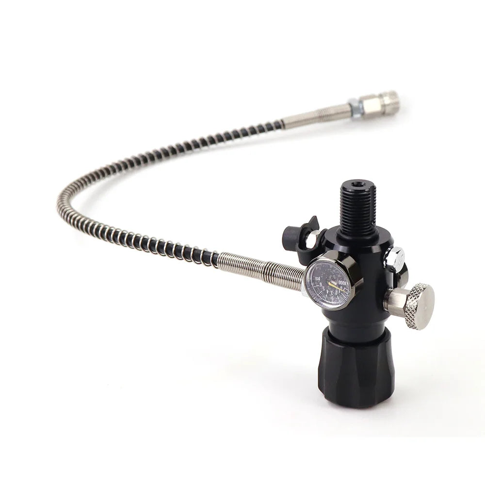 Black diving regulator with flexible hose on a white background
