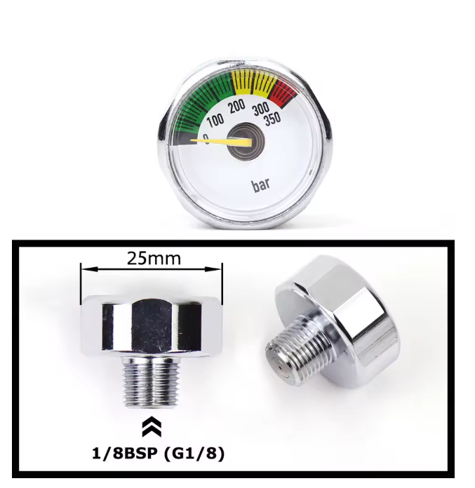 Mini air pressure gauge with 1/8 BSP/NPT, M10, and M8 threads – up to 6000PSI