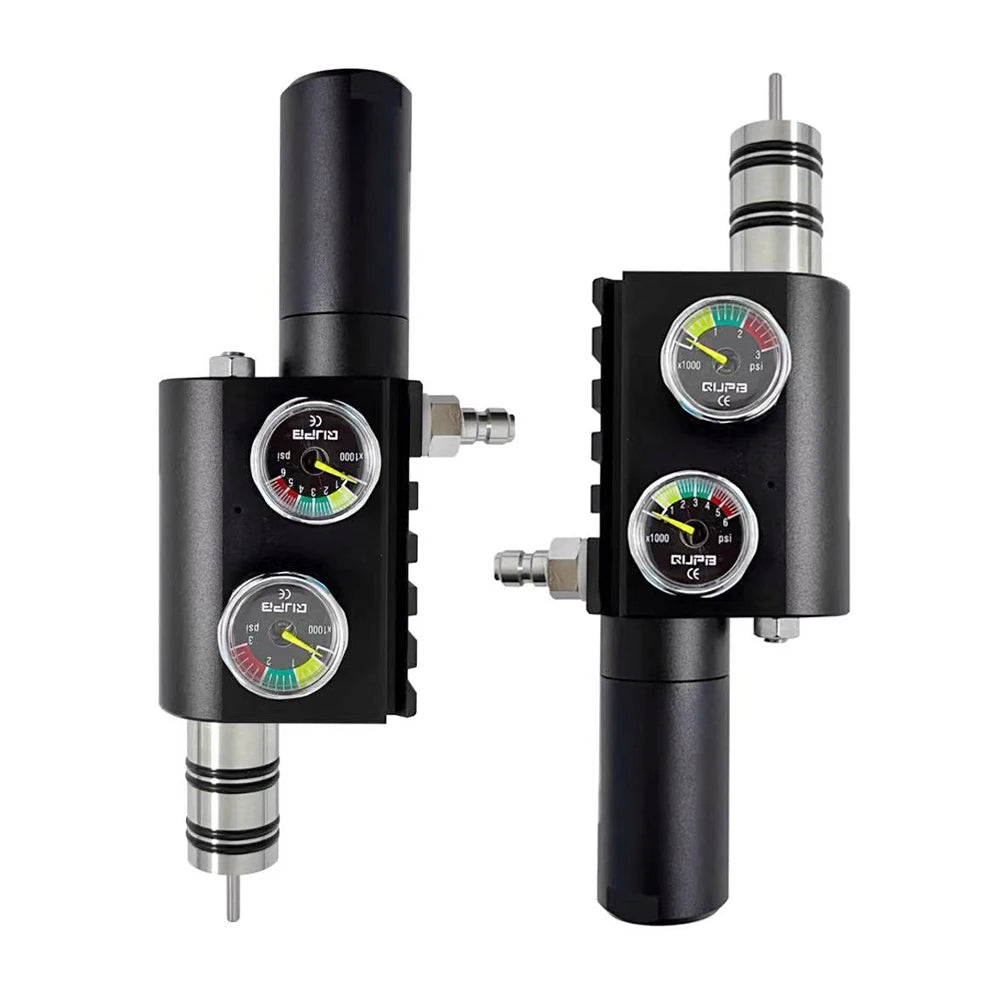 Two black regulators with gauges on a white background