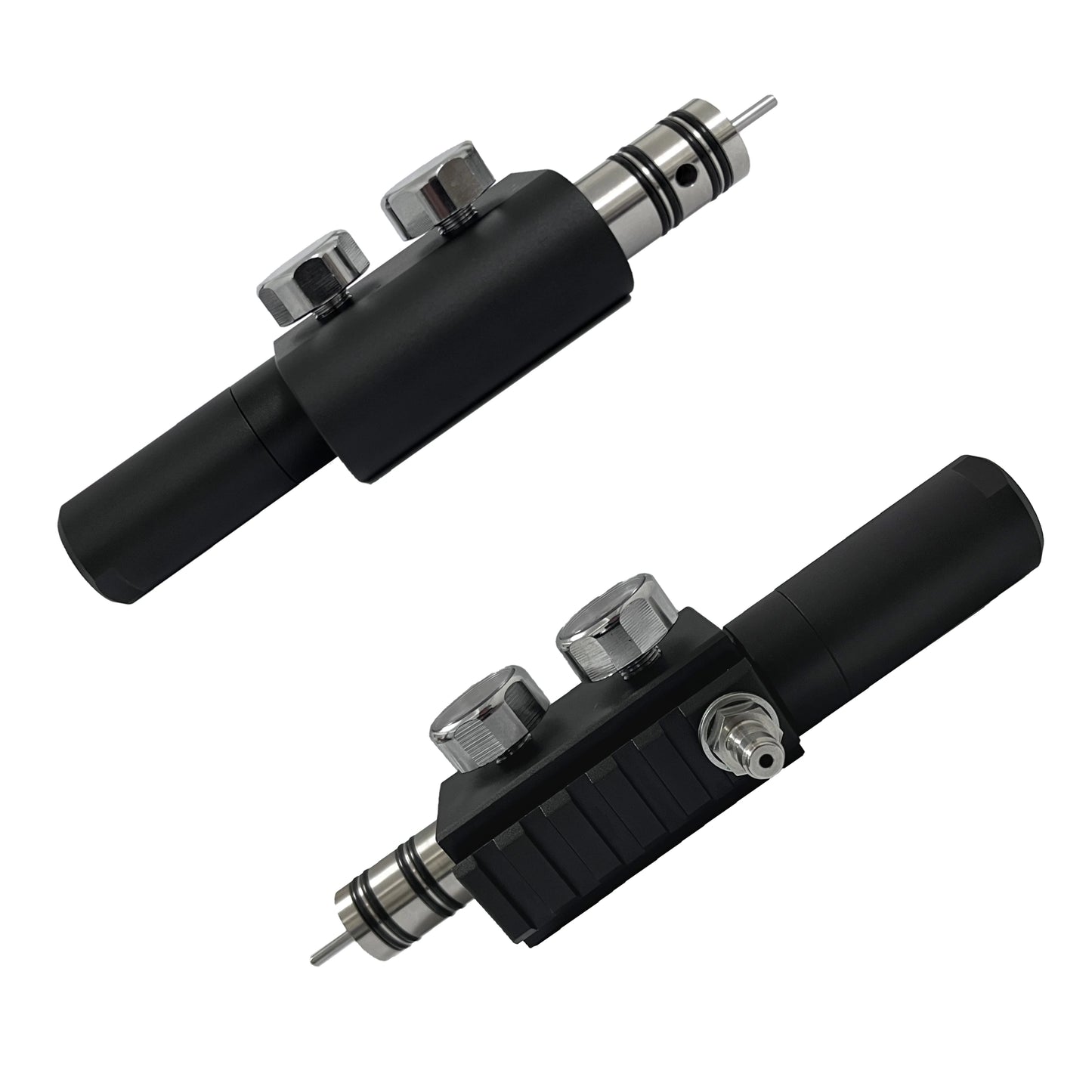 Two black tattoo machines on a white background