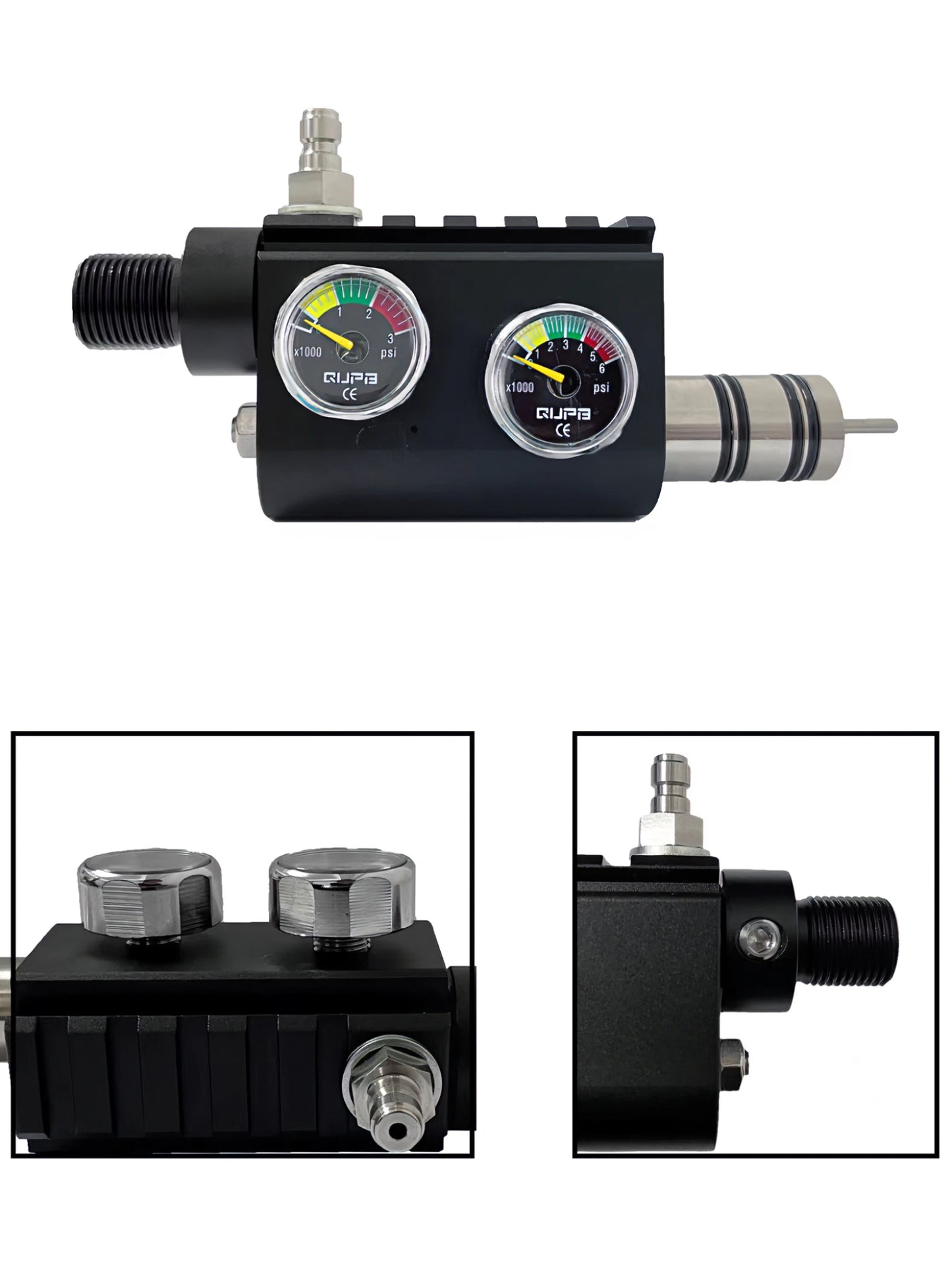 Black mechanical valve with gauges on a white background