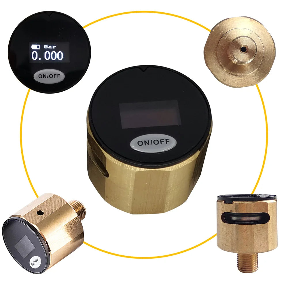 Set of brass pressure gauges with digital displays on a white background
