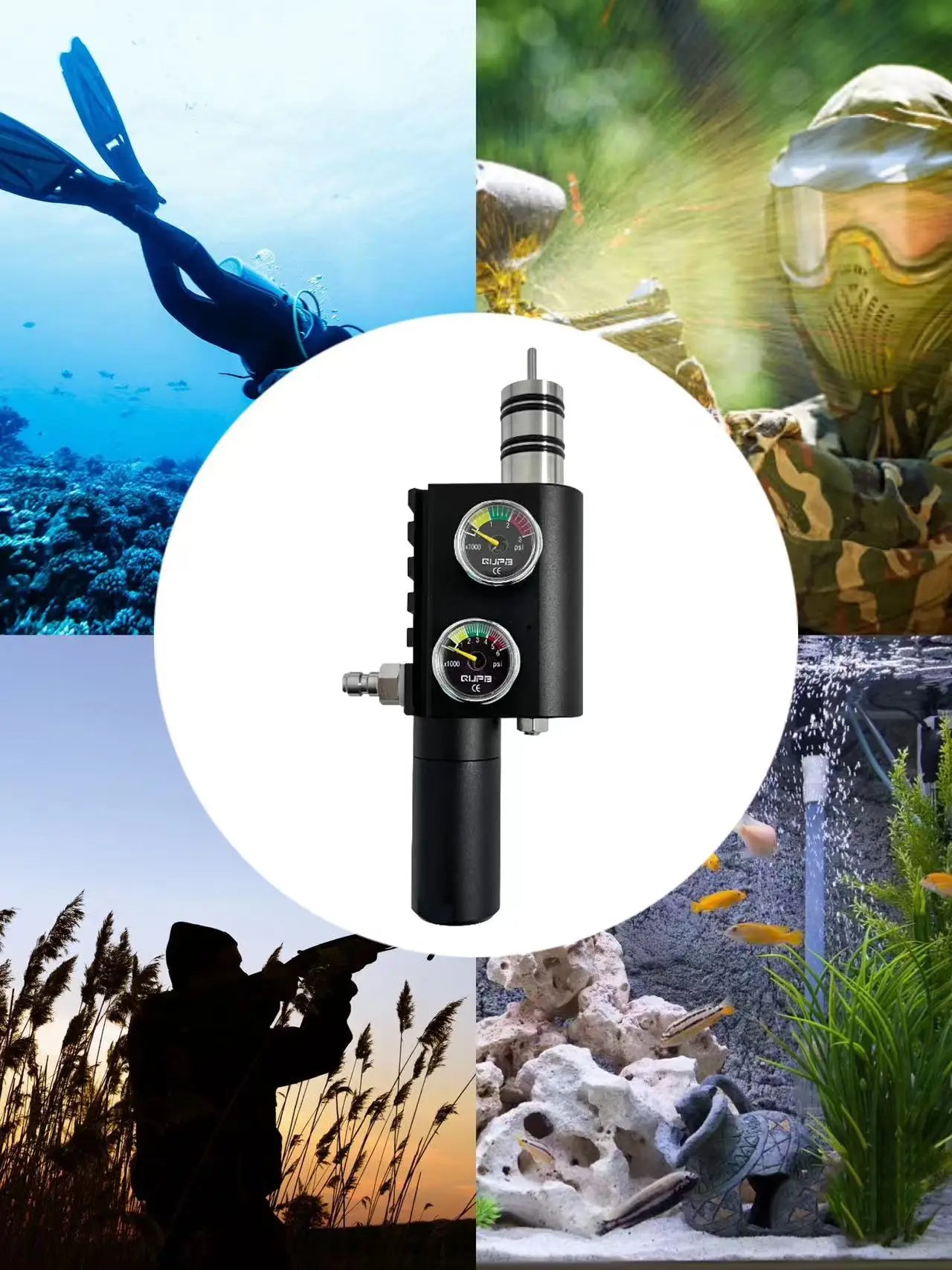 Black underwater camera housing with gauges surrounded by images of a diver, fish tank, and nature.