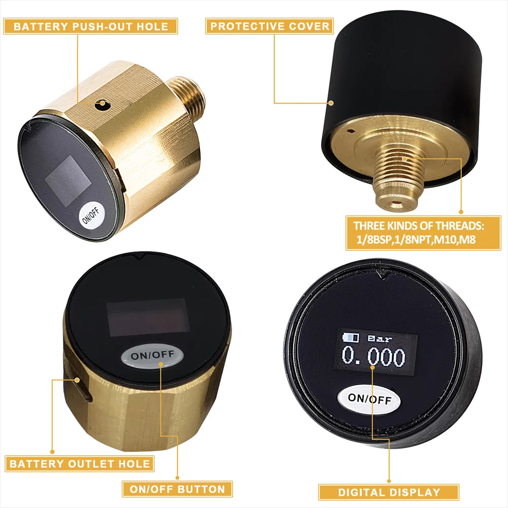 Technical diagram of a pressure gauge with labeled parts on a white background