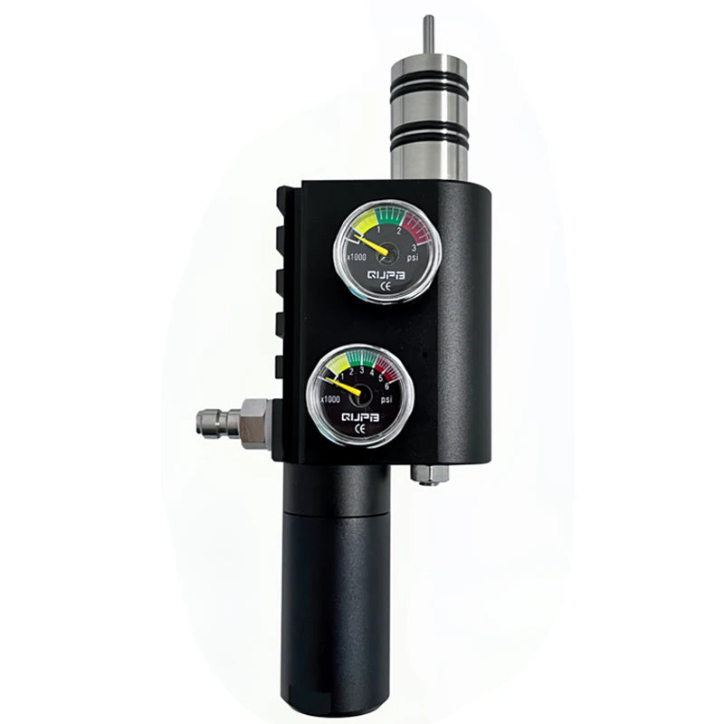 Black device with two circular gauges on a white background
