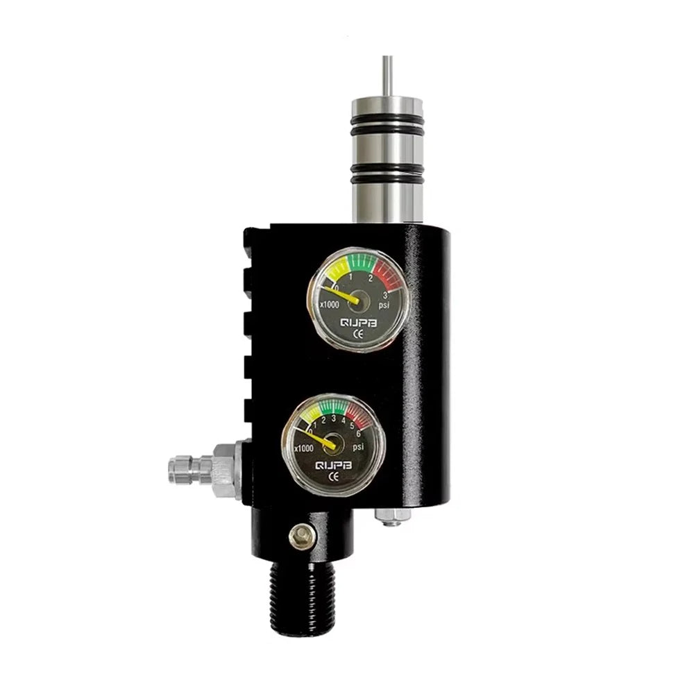 Black pressure regulator with two gauge displays on a white background