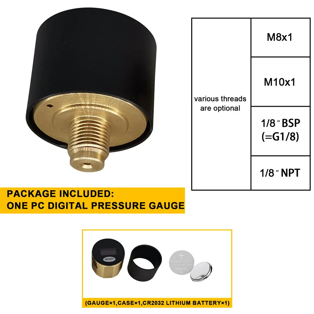 Black and gold pressure gauge with thread options and package details on a white background