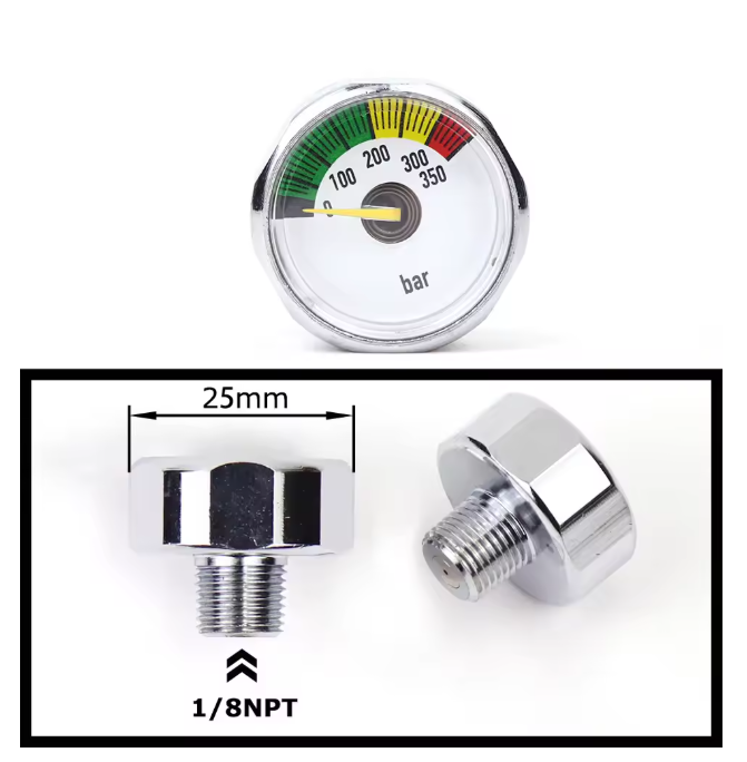 Mini air pressure gauge with 1/8 BSP/NPT, M10, and M8 threads – up to 6000PSI