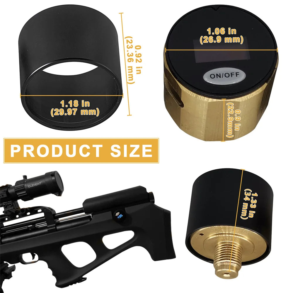 Product size measurement details with a black and gold component on a white background