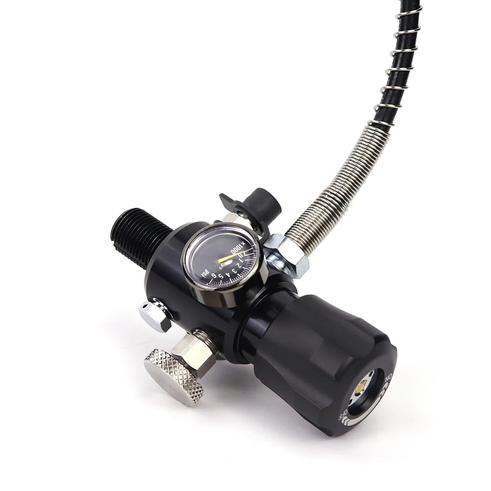 Black and silver diving regulator with hose on a white background