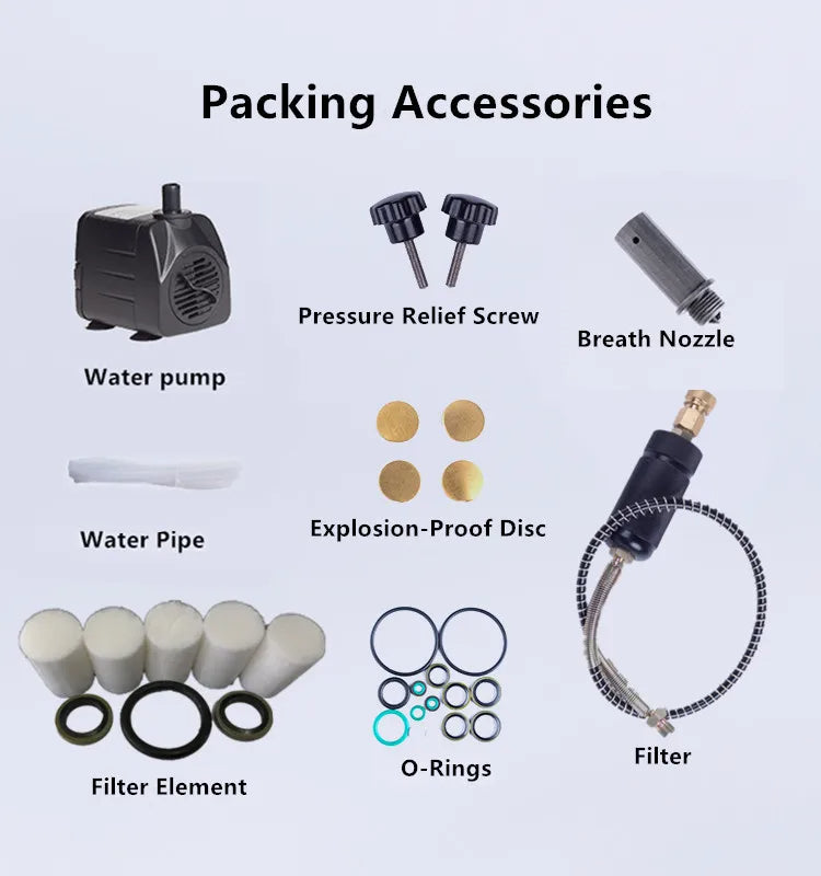 “Complete accessory kit for Yong Heng PCP air compressor – includes water pump, filter, o-rings, explosion discs, and screws”