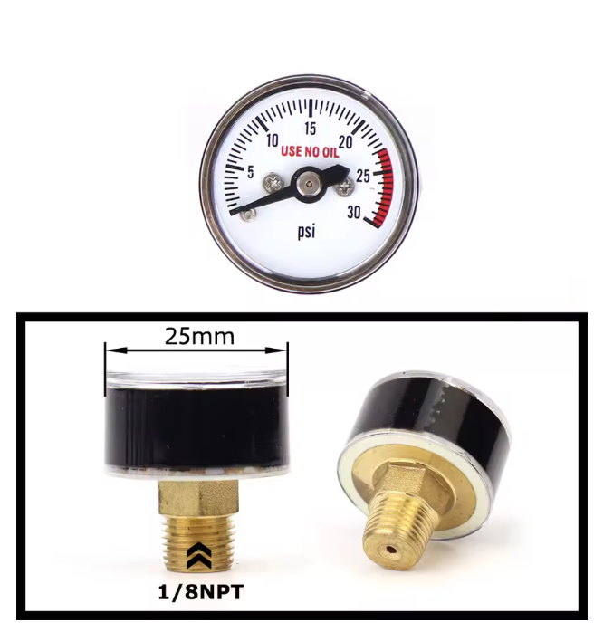 Mini air pressure gauge with 1/8 BSP/NPT, M10, and M8 threads – up to 6000PSI