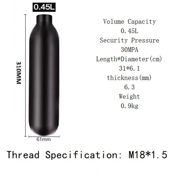 0.45L Round Bottom Aluminum CO2 Tank – M18x1.5 – 4500 PSI